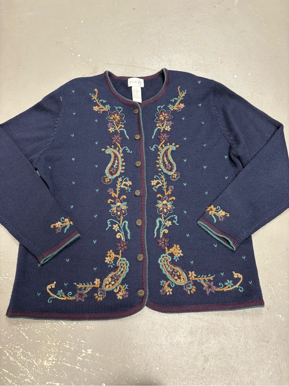 Koret Vintage Floral Paisley Embroidered Knit Cardigan Sweater Womens Medium